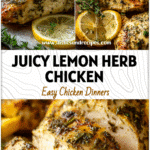 Plate of juicy lemon herb chicken breast with fresh herbs and lemon slices served for a quick healthy dinner.